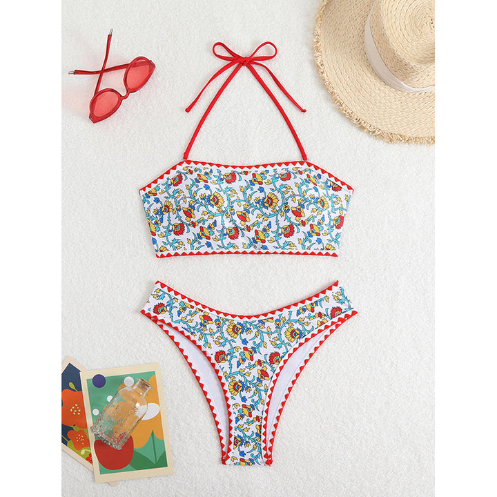 Damen Bandeau-Bikini mit floralen Mustern und verspieltem Rüschensaum Drune