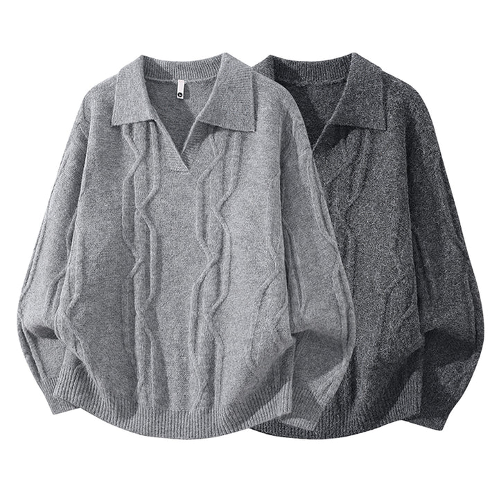 Damen Oversize Mohair‑Optik Zopfstrickpullover mit Polokragen und V‑Ausschnitt Drune