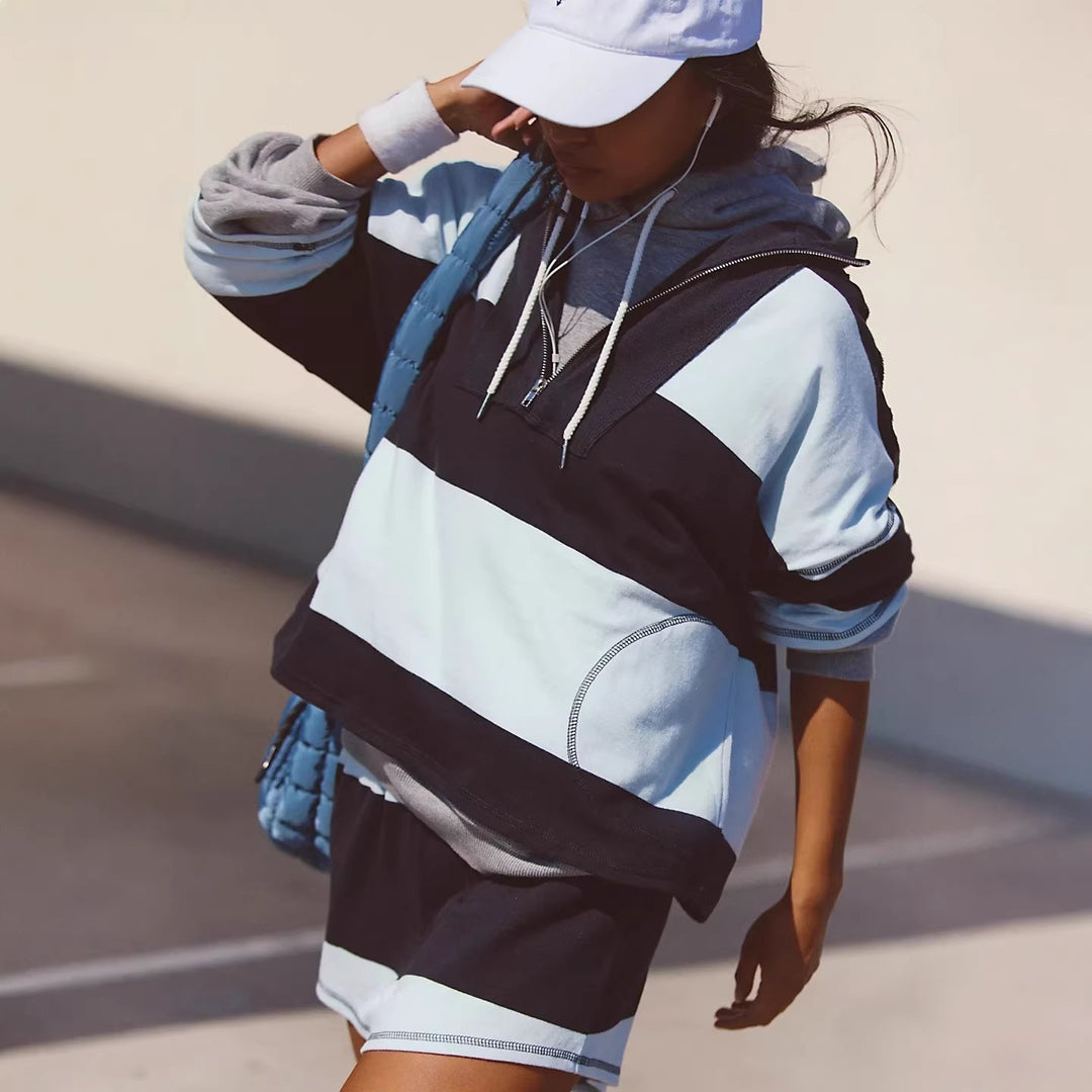 Damen sportliches Kurzarm-Hoodie und Shorts-Set mit hochwertigem Reißverschluss und lässigem Schnitt