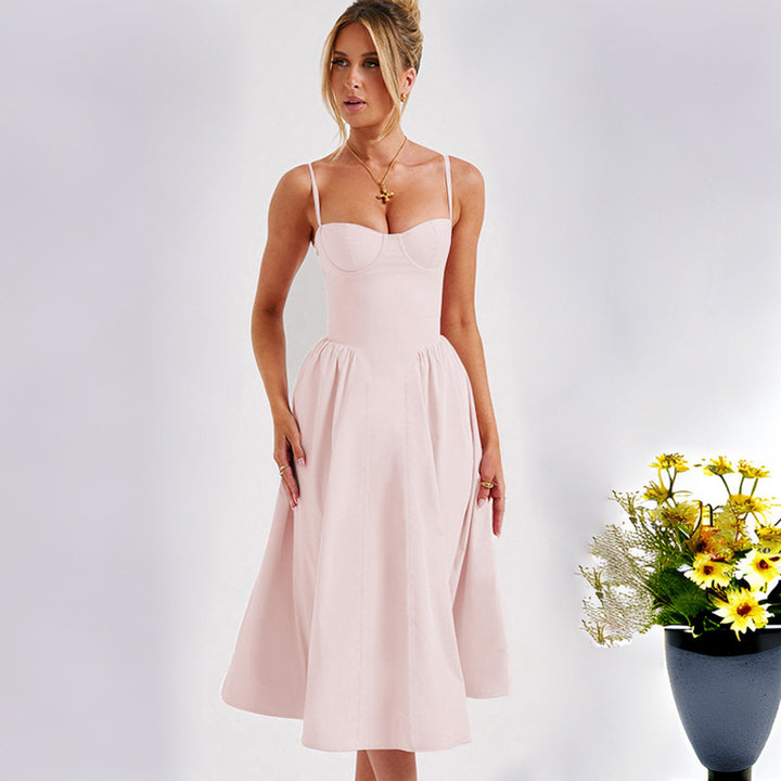 Damen Midikleid mit tailliertem Oberteil und fließendem Rock Drune
