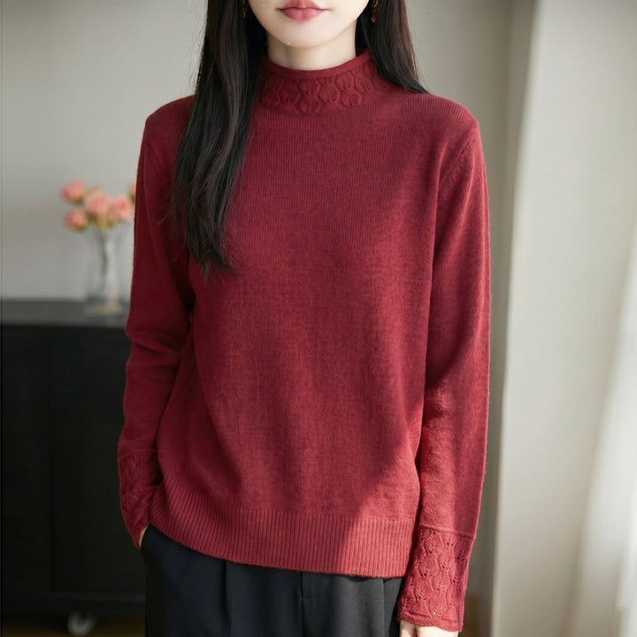 Damen Mockneck-Feinstrickpullover mit Ajour-Detail an Kragen und Bündchen Drune