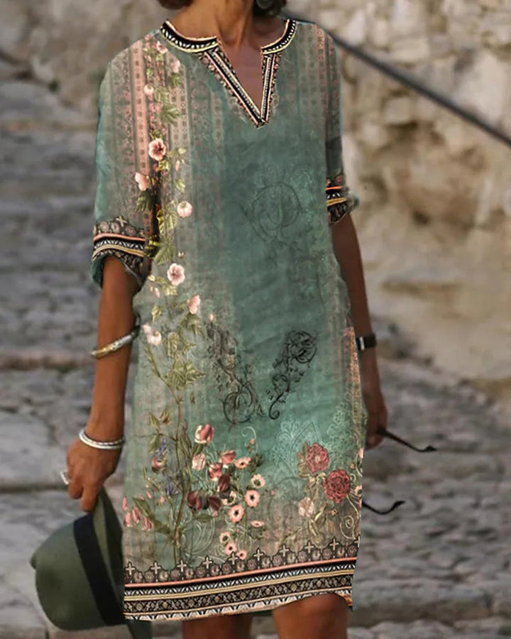 Damen Midi-Kleid im Boho-Leinen-Look mit V-Ausschnitt und Dreiviertelärmeln Drune
