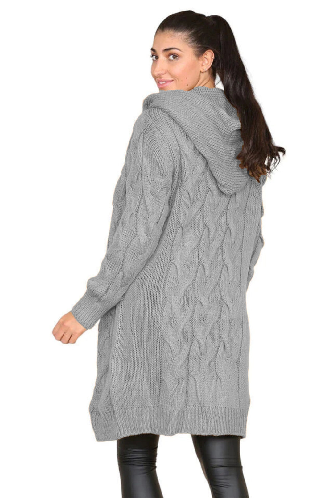 Damen Grobstrick Hoodie-Mantel mit Zopfdesign und tiefen Taschen Drune