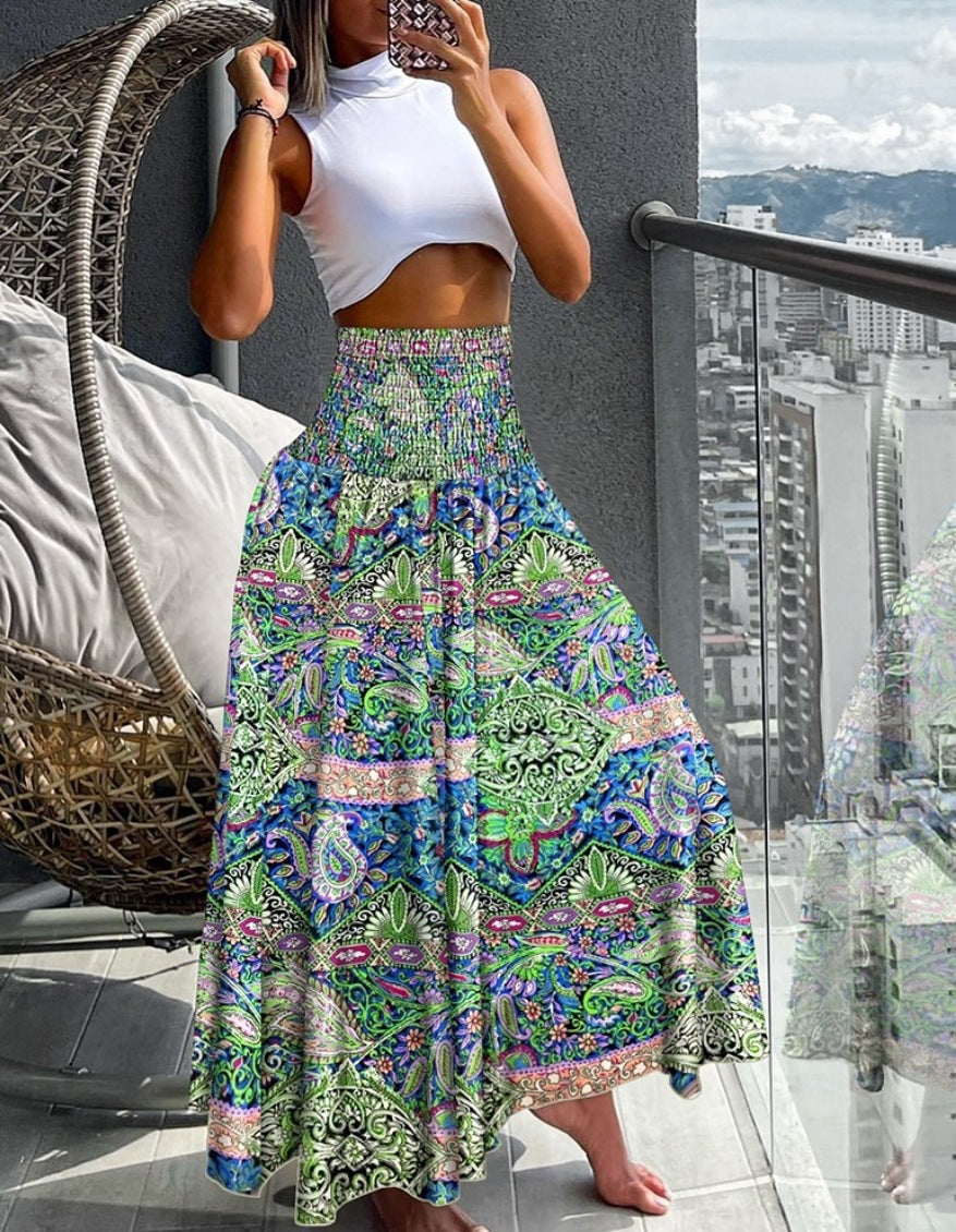 Damen Maxirock mit hohem Smokbund, weitem Fall und Paisley‑Print Drune