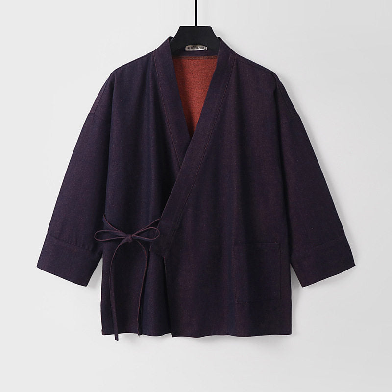Damen Leichte zweifarbige Kimono-Jacke mit Bindebändern und kontrastiertem Innenfutter Drune