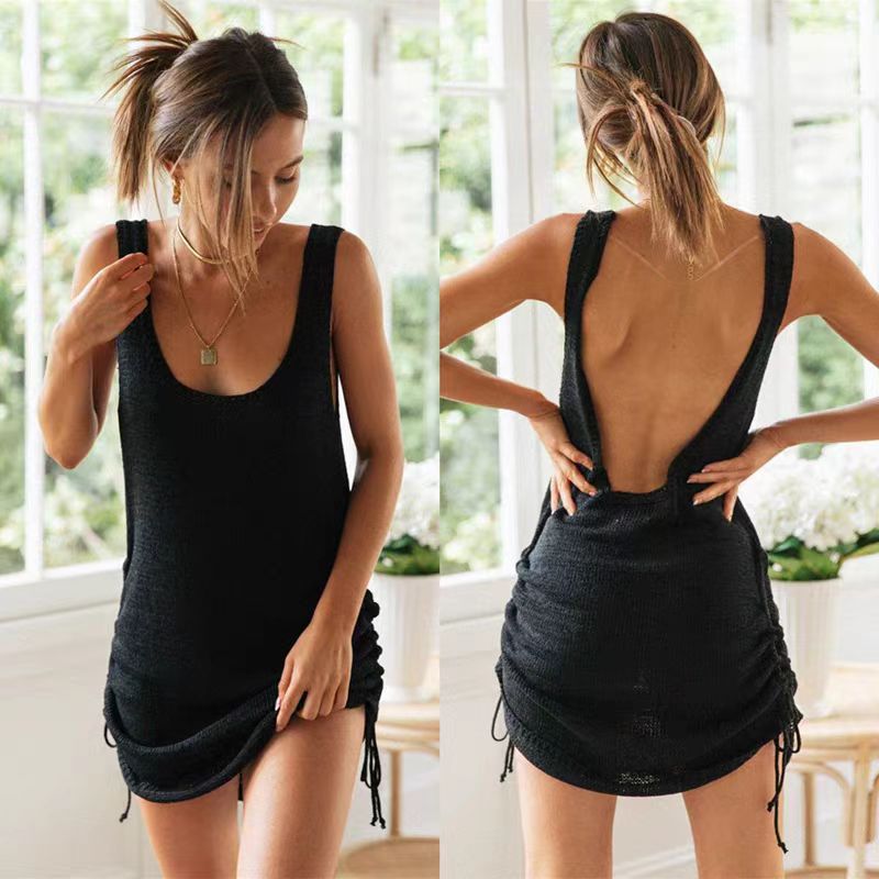 Damen lässiges Strickkleid mit tiefem Rückenausschnitt und verstellbaren Rüschendetails Drune