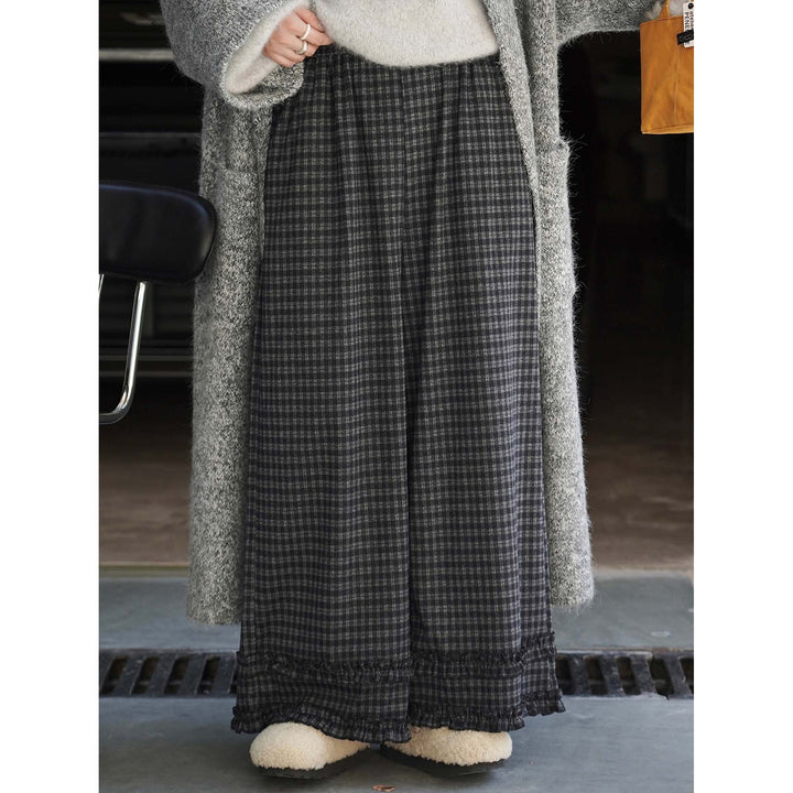 Damen Weite High‑Waist Culotte‑Hose im Karomuster mit elastischem Bund und Volantsaum Drune