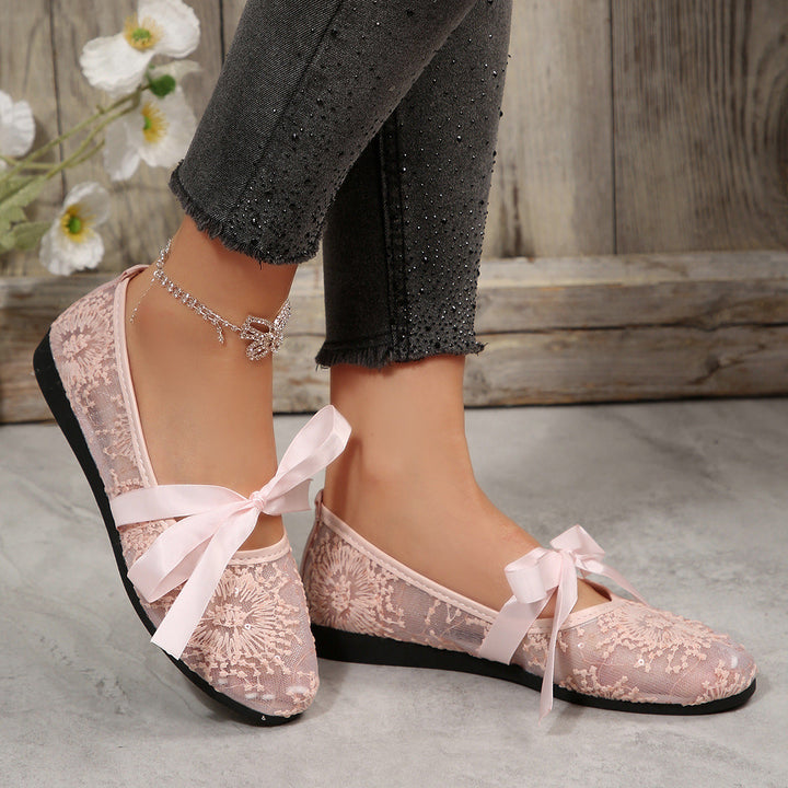 Damen Elegante Spitzenschuhe mit dekorativen Schleifen und funkelnden Akzenten Drune