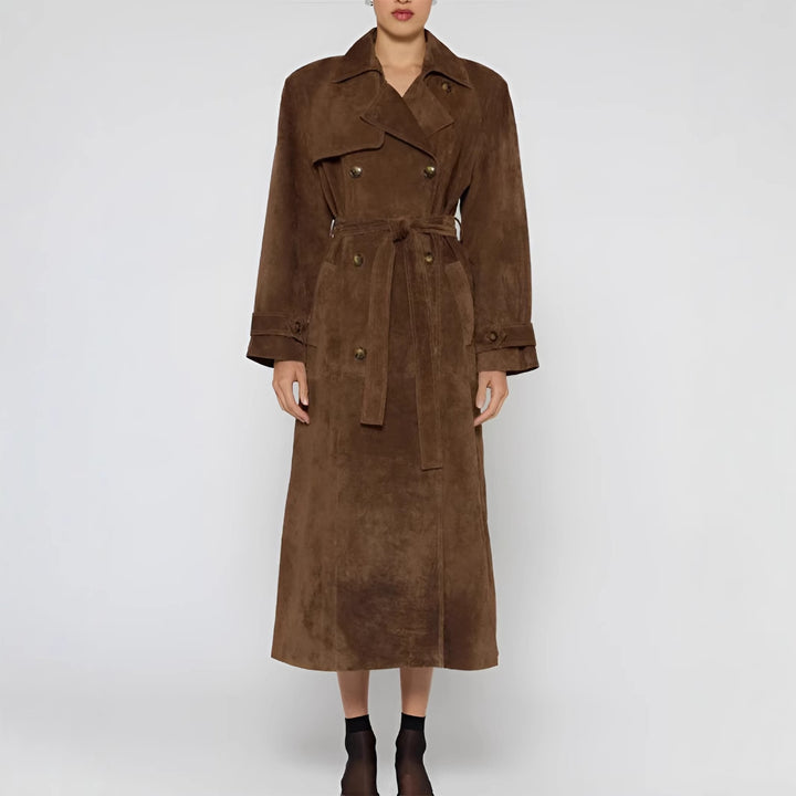 Damen nan langer Veloursleder-Trenchcoat mit Bindegürtel, doppelreihiger Knopfleiste und Ärmelriegel Drune