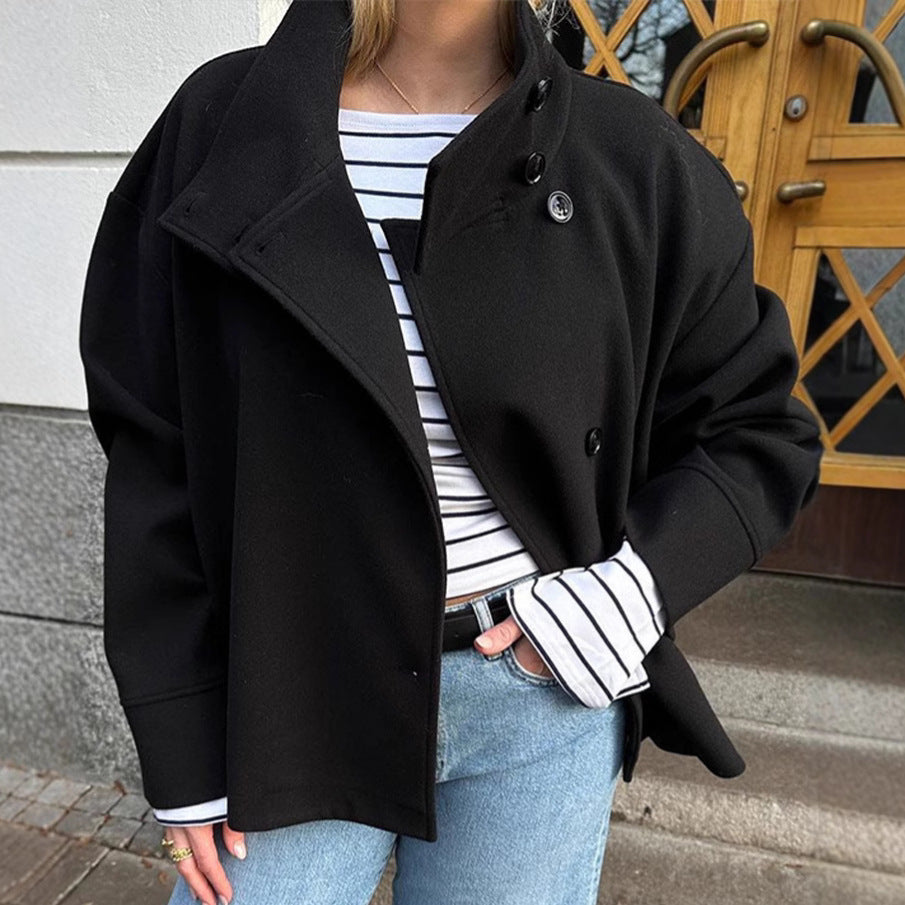 Damen Modische Oversized Jacke mit hochschließendem Kragen und Knopfdetails Drune