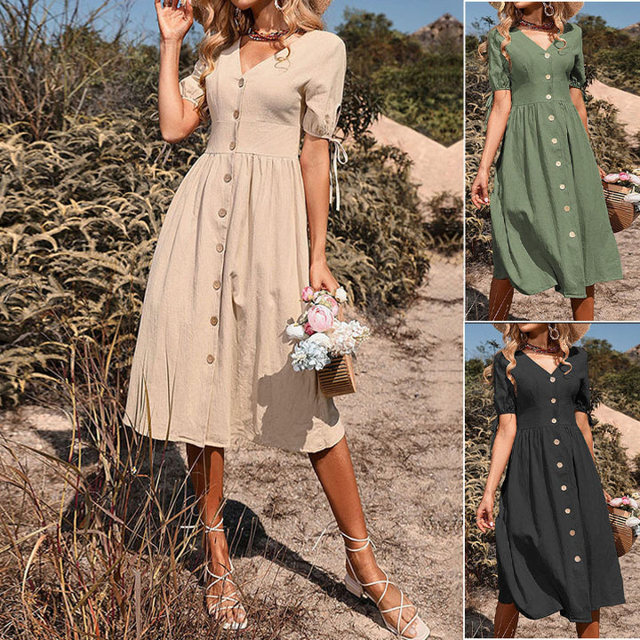 Damen Knielanges Sommerkleid mit V-Ausschnitt und romantischen Knopfdetails Drune