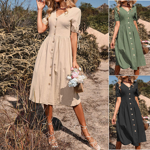 Damen Knielanges Sommerkleid mit V-Ausschnitt und romantischen Knopfdetails Drune