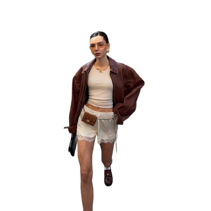 Damen Oversize-Lederimitatjacke im Bikerstil mit Hemdkragen und Reißverschluss Drune