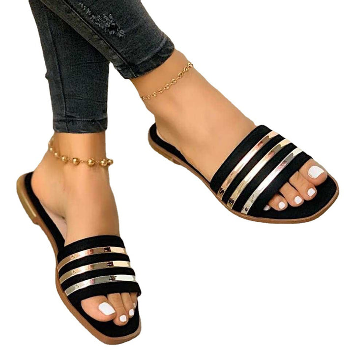 Damen nan flache Schlupfsandalette mit mehrreihigen Metallicstreifen und gepolstertem Komfortfußbett Drune
