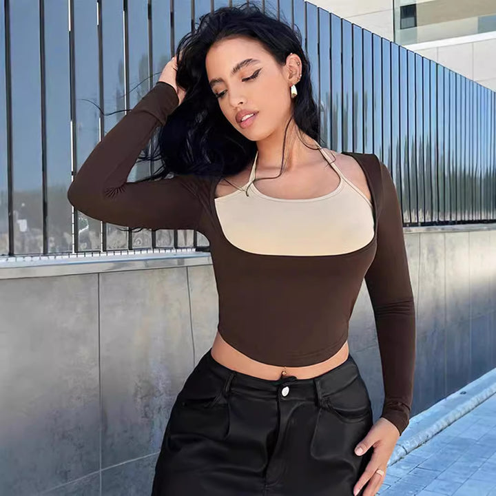 Damen Figurbetontes Longsleeve mit raffinierten Layering-Details Drune