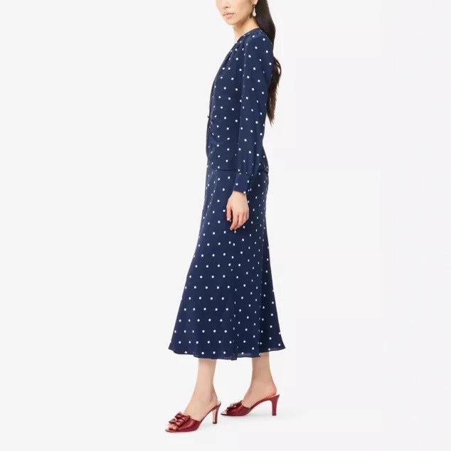 Damen Midikleid mit Punkteprint, tiefem V‑Ausschnitt, Wickelraffung und langen Ärmeln Drune