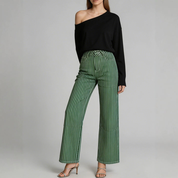 Damen nan weite High-Waist Palazzohose mit vertikalen Streifenoptik und abgesteppten Kniepartien Drune