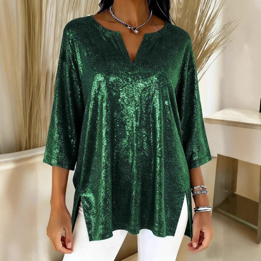 Damen Glitzerndes Oversize-Longshirt mit V-Ausschnitt und seitlichen Schlitzen Drune