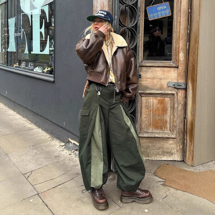 Damen Kurz geschnittene Fliegerjacke mit Teddy-Futter und Oversized-Ärmeln Drune