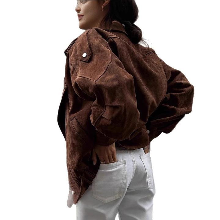 Damen modische Oversized-Lederjacke mit Gürtel Drune