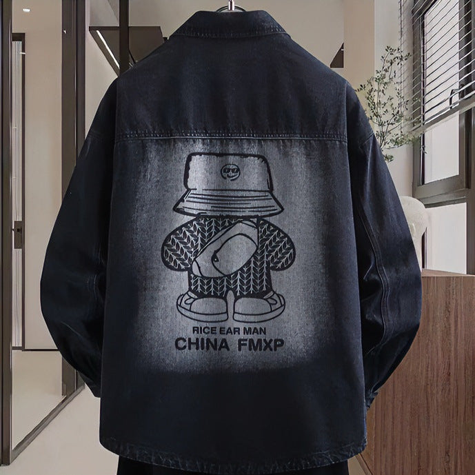 Herren Oversized Denim-Hemdjacke im Relaxed-Worker-Style mit Brusttasche und Druckknöpfen Drune