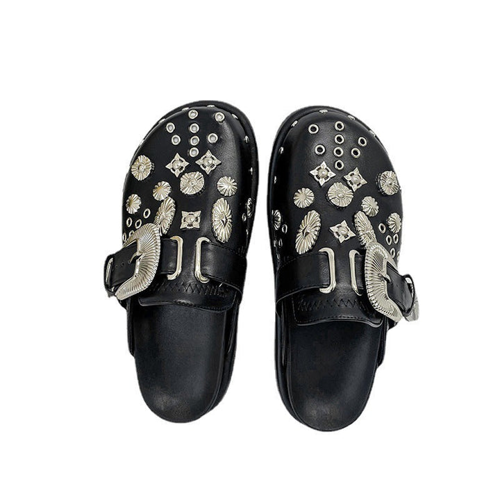Damen nan verzierte Schlupf-Clogs mit metallischen Conchos, großer Zierschnalle und ergonomischem Fußbett Drune
