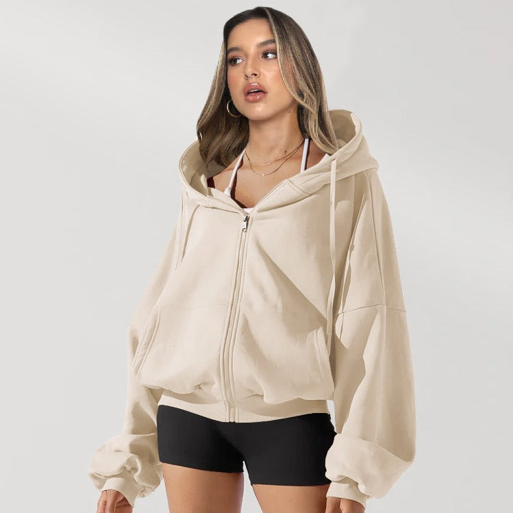Damen Oversized Kapuzenjacke mit Reißverschluss und Puffärmeln Drune