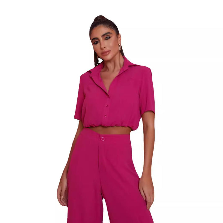 Damen Elegantes Kurzarm-Blusen und Palazzo-Hosen-Ensemble Drune