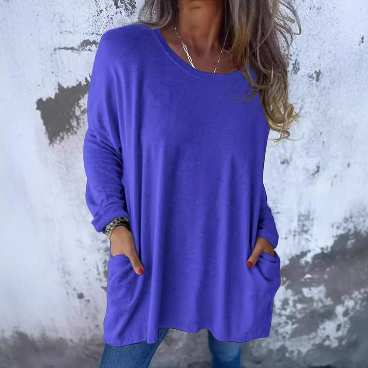 Damen Weiches Oversize Langarmshirt mit Rundhalsausschnitt, Lässigen Ärmeln und Seitentaschen Drune