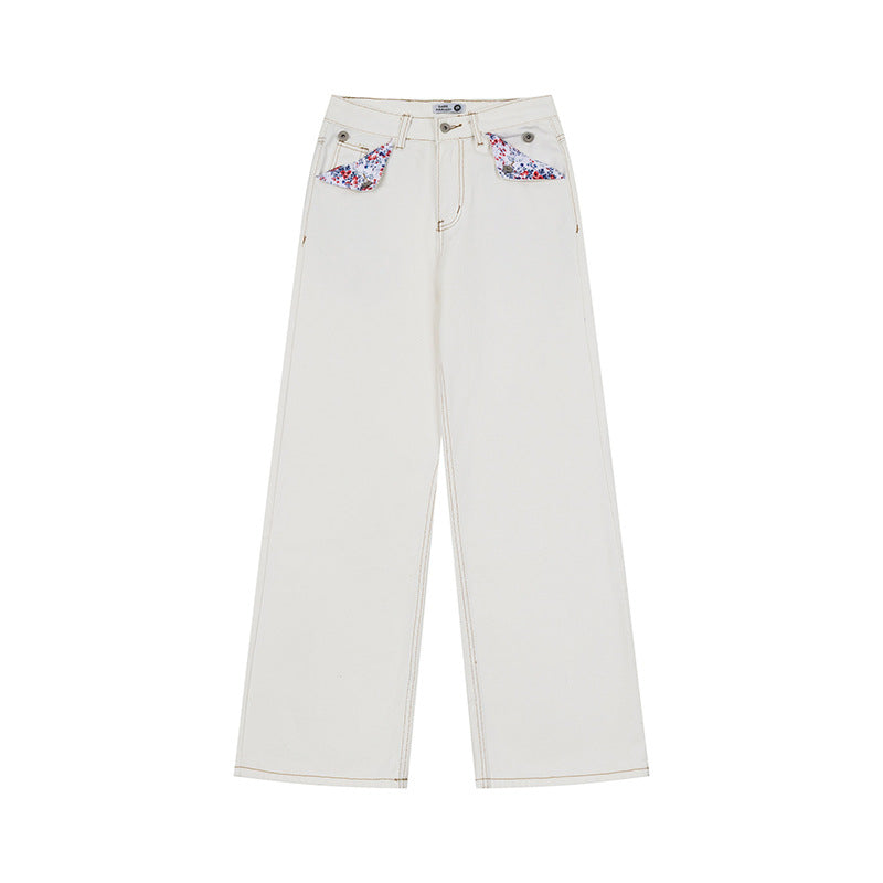 Damen Weite High‑Waist-Jeans im Palazzo-Schnitt mit Ziernaht und Blumen-Taschenfutter Drune