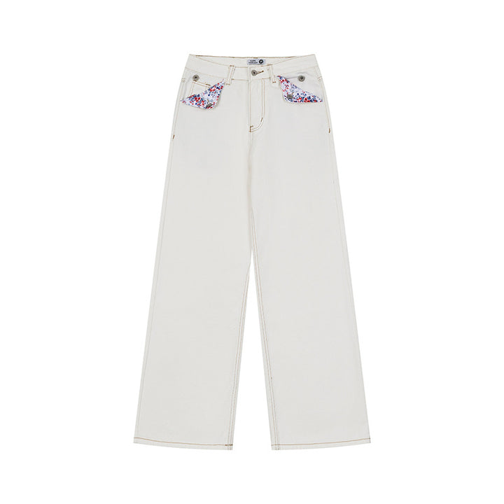Damen Weite High‑Waist-Jeans im Palazzo-Schnitt mit Ziernaht und Blumen-Taschenfutter Drune