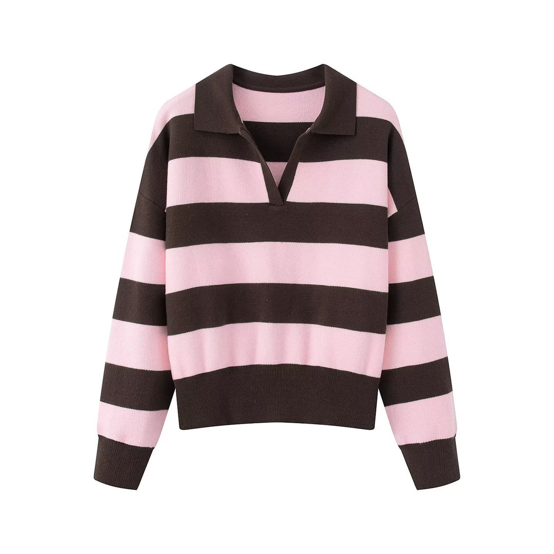 Damen Gestreifter Rugby-Polo-Pullover mit V-Notch und Cropped-Saum Drune