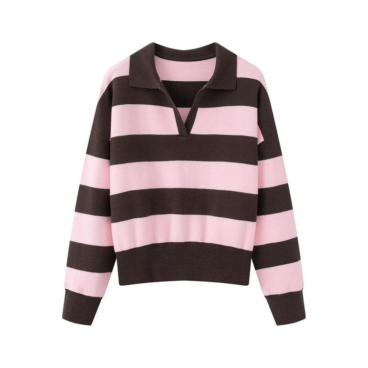 Damen Gestreifter Rugby-Polo-Pullover mit V-Notch und Cropped-Saum Drune