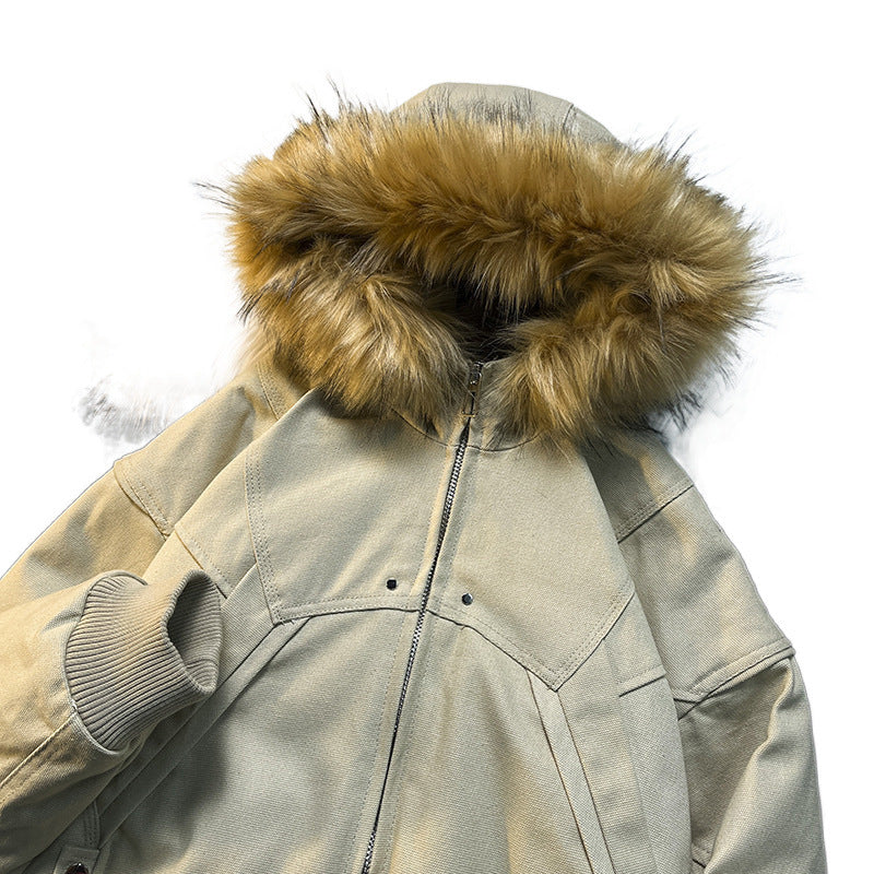 Unisex Wattierte Bomberjacke mit großer Kapuze und Kunstfellbesatz Drune