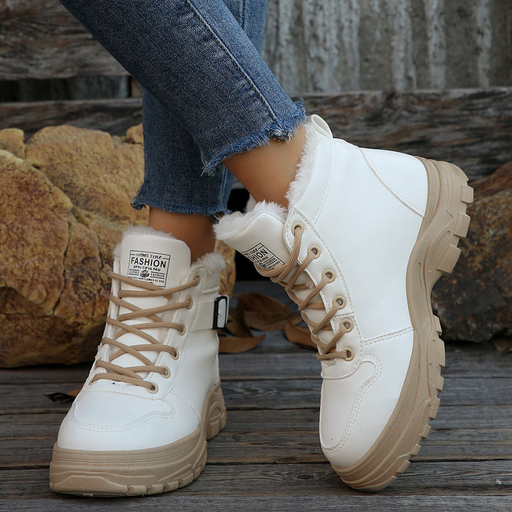 Damen nan gefütterte Plateau-Sneaker-Stiefelette mit Kunstfellkragen und profilierter Outdoor-Sohle Drune