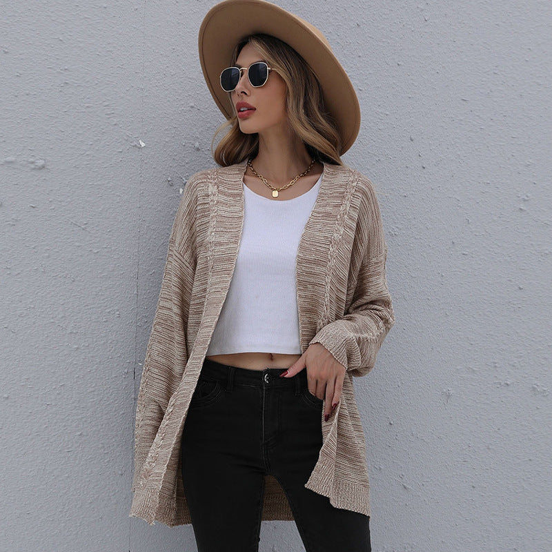 Damen Lässiger Oversize-Strickcardigan mit Zopfmuster offener Front Drune