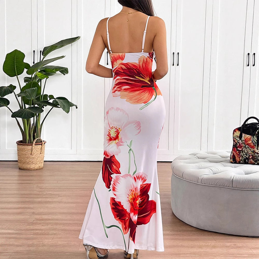 Damen Maxikleid mit elegantem Blumenmuster und zarten Spaghetti-Trägern Drune