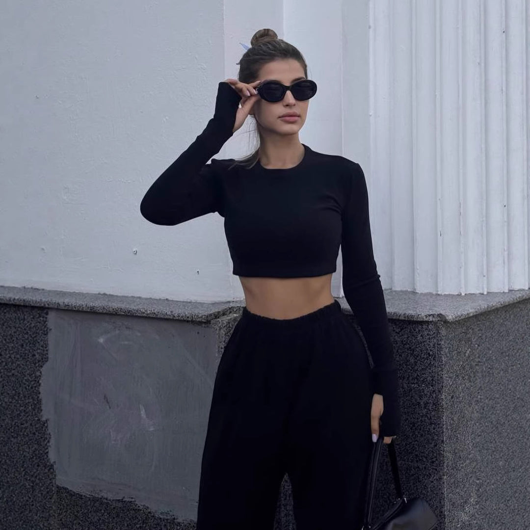 Damen Kurzes Langarm-Croptop mit Daumenloch und weite High-Waist Loungehose Drune