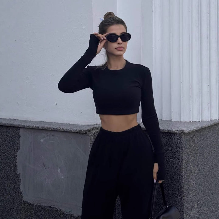 Damen Kurzes Langarm-Croptop mit Daumenloch und weite High-Waist Loungehose Drune