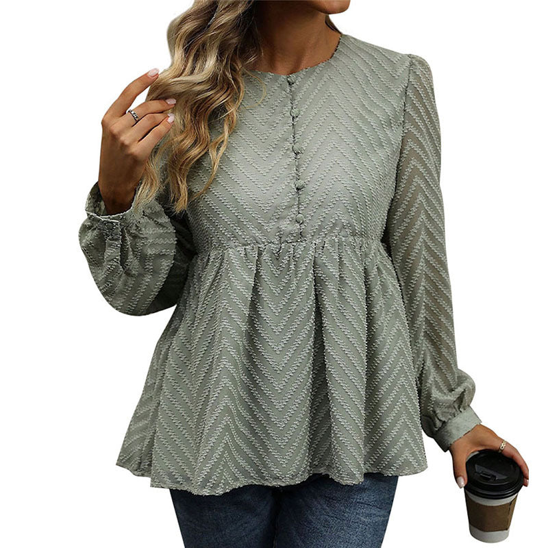Damen Chiffon-Peplum-Bluse mit Chevron-Struktur, geraffter Empire-Taille & Knopfleiste Drune