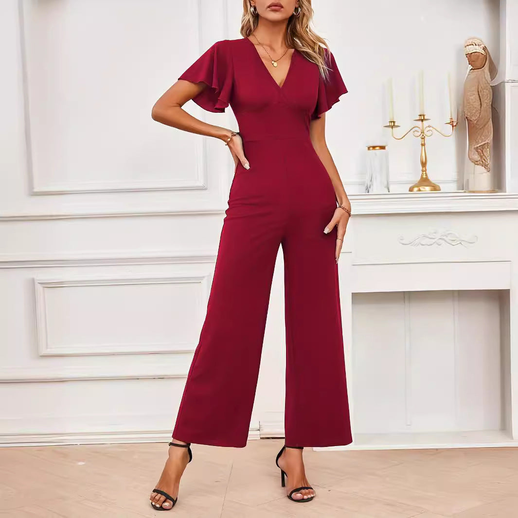Damen eleganter Jumpsuit mit weitem Bein und Rüschendetails Drune