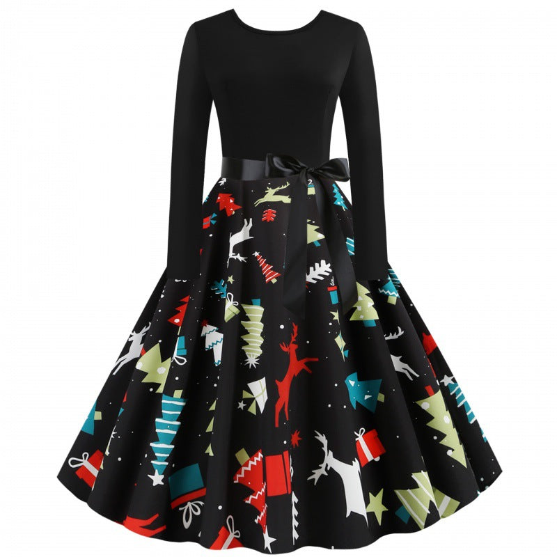 Damen Tailliertes Retro Kleid mit voluminösem Tellerrock und Weihnachtsprint Drune