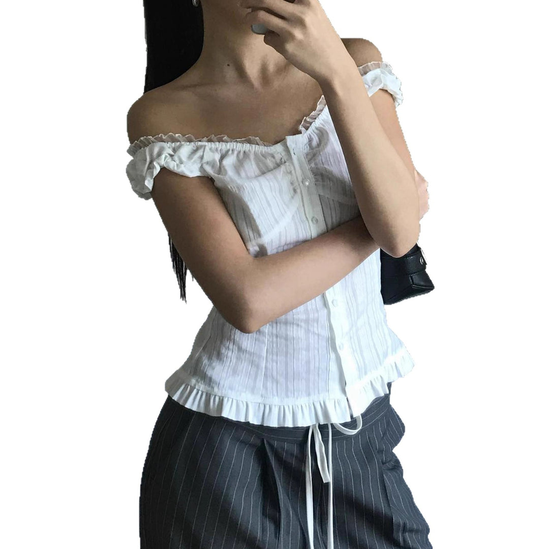 Damen Off-Shoulder Bluse mit Rüschensaum und Knopfdetails Drune