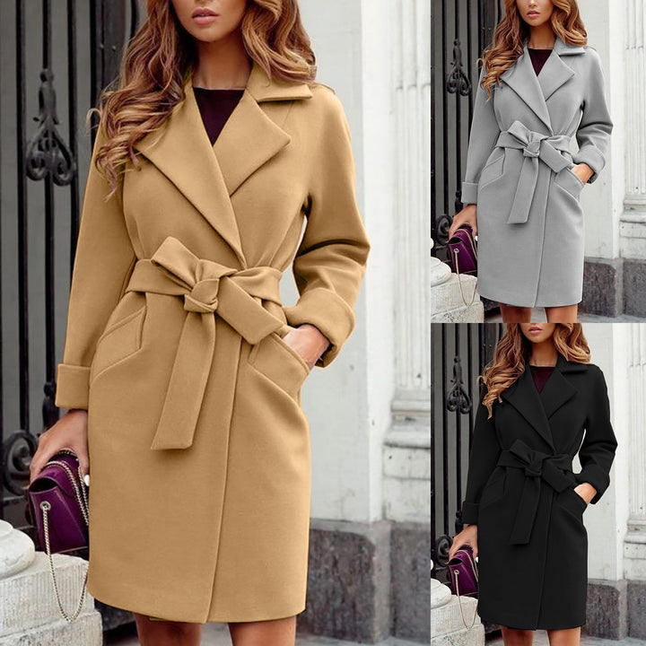 Damen Eleganter knielanger Mantel aus Wollmix mit breitem Revers und Bindegürtel Drune