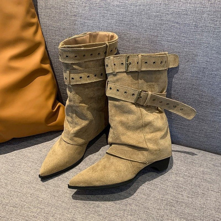 Damen Wadenhohe Wildleder-Slouch-Stiefel mit spitzer Zehenpartie und Zierschnallen Drune