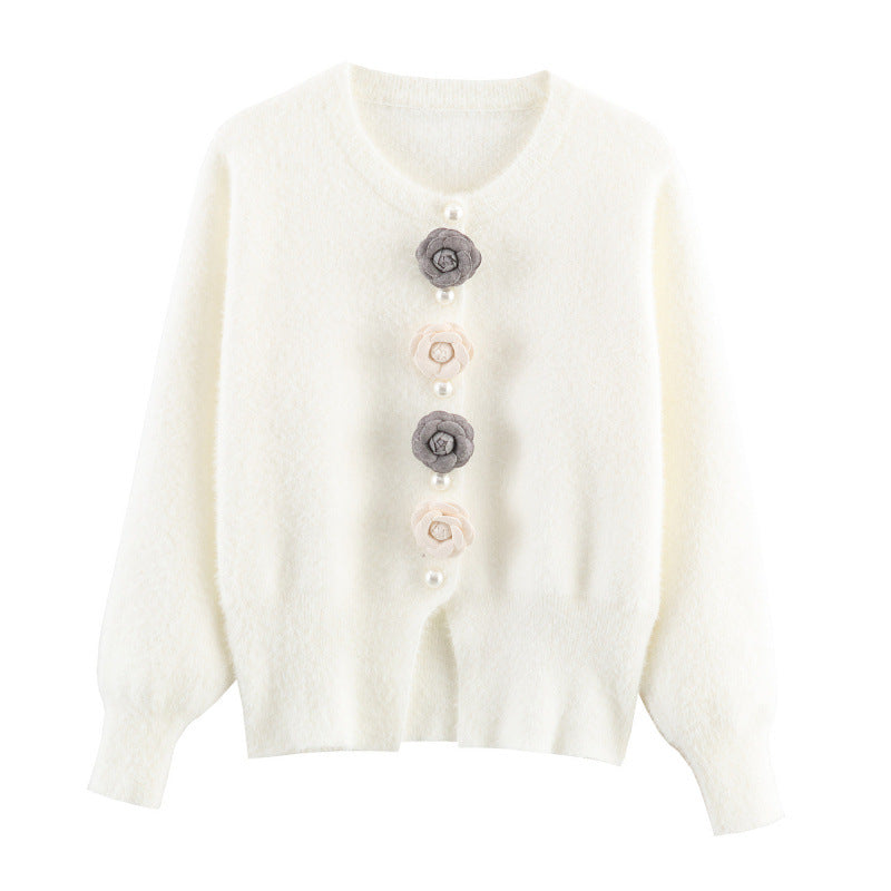 Damen stylische Strickjacke mit einzigartigen Blumenapplikationen Drune