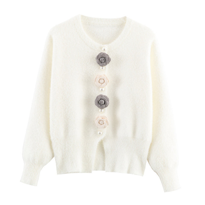 Damen stylische Strickjacke mit einzigartigen Blumenapplikationen Drune