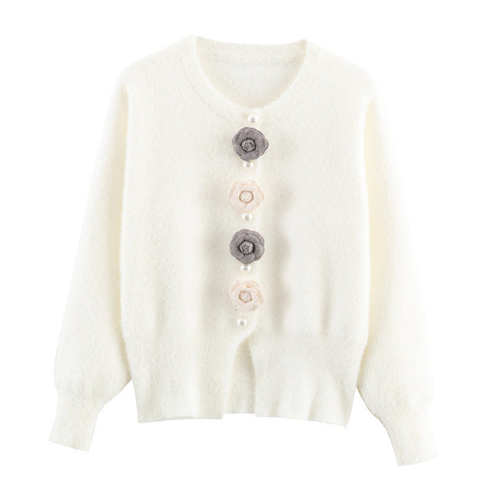 Damen stylische Strickjacke mit einzigartigen Blumenapplikationen Drune