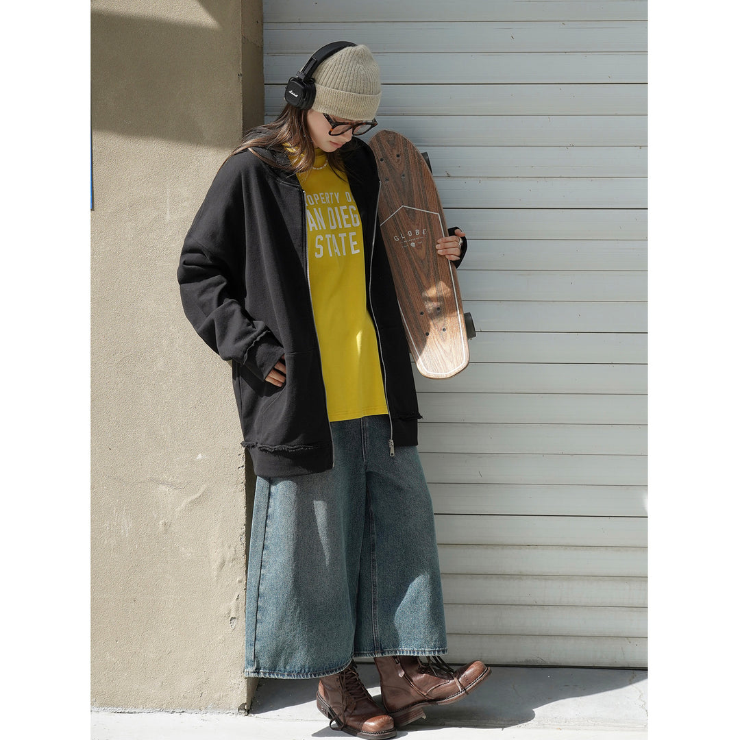 Damen Relaxed-Zip‑Hoodie im Used‑Look mit ausgefransten Kanten Drune