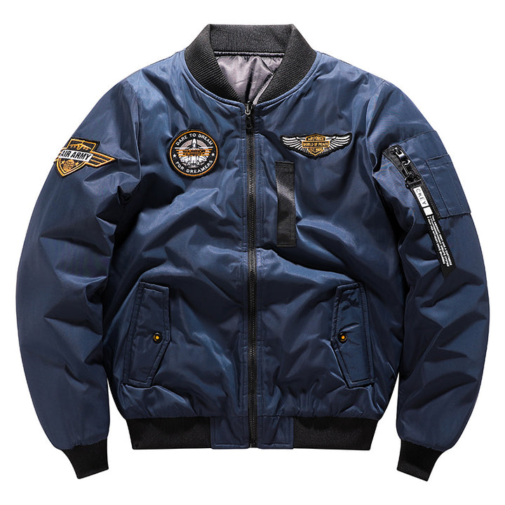 Herren  von der Luftfahrt inspirierte isolierte MA-1 Bomberjacke mit gestickten Missions-Patches und Reißverschluss-Taschen am Ärmel Drune